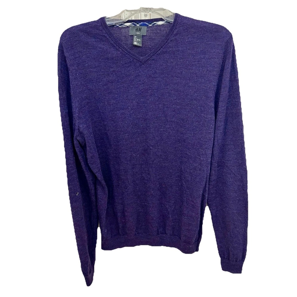 H&M Wool V Neck Purple  Sweater With Plaid Elbow Patches Men's Size L NWOT